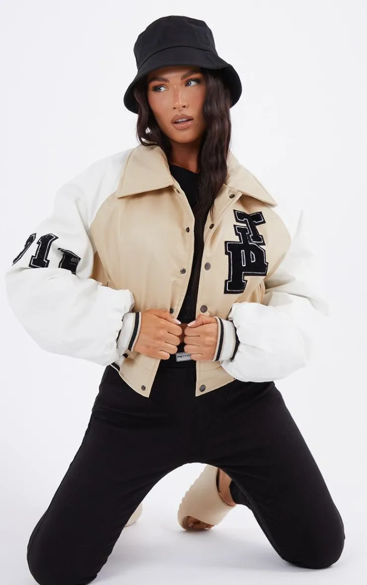 PrettyLittleThing Bomber Jackets*Faux Leather Raglan Sleeve Cropped Varsity Bomber Jacket