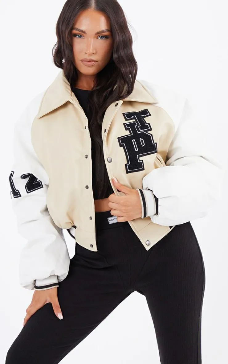 PrettyLittleThing Bomber Jackets*Faux Leather Raglan Sleeve Cropped Varsity Bomber Jacket