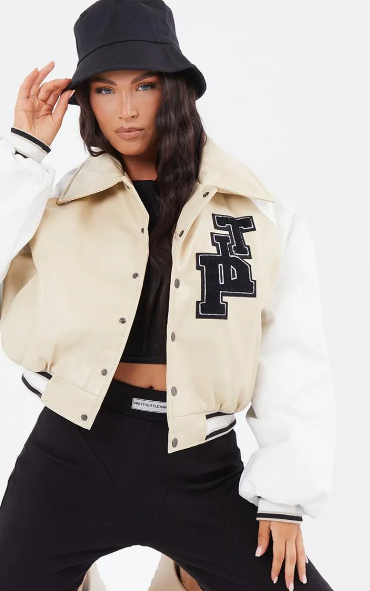 PrettyLittleThing Bomber Jackets*Faux Leather Raglan Sleeve Cropped Varsity Bomber Jacket