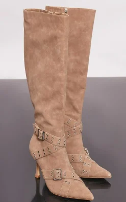 PrettyLittleThing High Heels*Faux Suede Point Toe Buckle Strap Knee High Heeled Boots