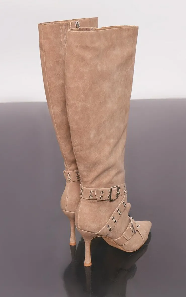 PrettyLittleThing High Heels*Faux Suede Point Toe Buckle Strap Knee High Heeled Boots