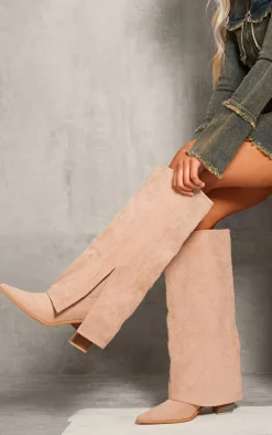 PrettyLittleThing Knee High Boots*Faux Suede Point Toe Fold Over Split Hem Knee High Western Boots