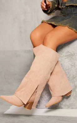 PrettyLittleThing Knee High Boots*Faux Suede Point Toe Fold Over Split Hem Knee High Western Boots
