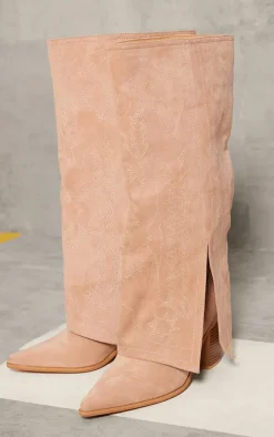 PrettyLittleThing Knee High Boots*Faux Suede Point Toe Fold Over Split Hem Knee High Western Boots