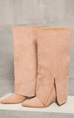 PrettyLittleThing Knee High Boots*Faux Suede Point Toe Fold Over Split Hem Knee High Western Boots