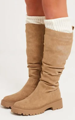 PrettyLittleThing Platforms*Faux Suede Round Toe Chunky Platform Knee High Boots