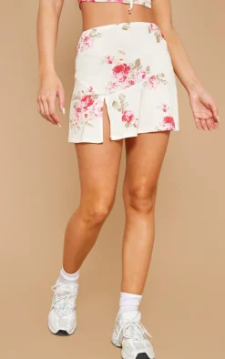 Online PrettyLittleThing Beige Floral Print Slinky Split Hem Micro Mini Skirt Pink