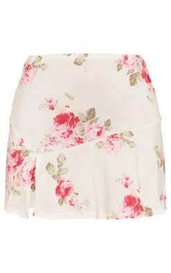 Online PrettyLittleThing Beige Floral Print Slinky Split Hem Micro Mini Skirt Pink