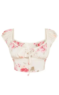 Best PrettyLittleThing Beige Floral Print Slinky Ruched Bust Top Pink