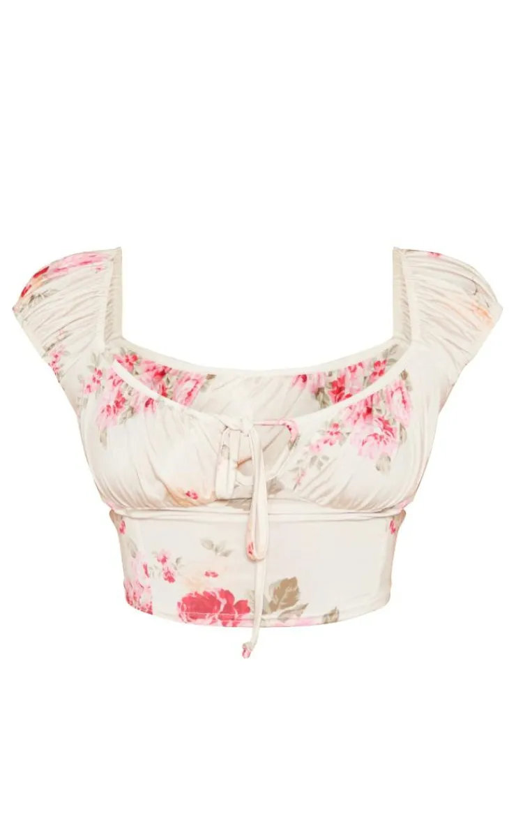 Best PrettyLittleThing Beige Floral Print Slinky Ruched Bust Top Pink