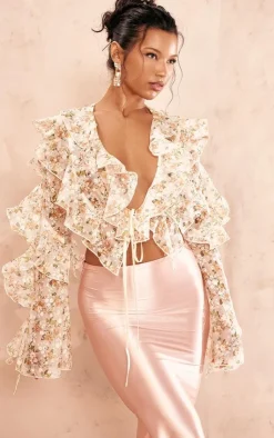 PrettyLittleThing Blouses*Floral Sheer Woven Ruffle Tie Crop Blouse