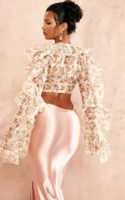 PrettyLittleThing Blouses*Floral Sheer Woven Ruffle Tie Crop Blouse