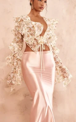 PrettyLittleThing Blouses*Floral Sheer Woven Ruffle Tie Crop Blouse