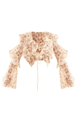 PrettyLittleThing Blouses*Floral Sheer Woven Ruffle Tie Crop Blouse