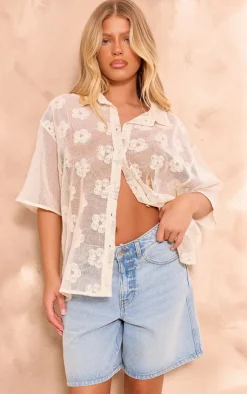 PrettyLittleThing Shirts*Flower Embroidered Oversized Fit Shirt