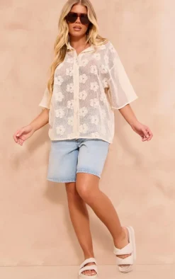 PrettyLittleThing Shirts*Flower Embroidered Oversized Fit Shirt