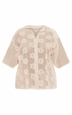 PrettyLittleThing Shirts*Flower Embroidered Oversized Fit Shirt