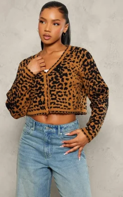 PrettyLittleThing Cardigans*Knit Jacquard Leopard Cropped Cardigan