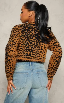 PrettyLittleThing Cardigans*Knit Jacquard Leopard Cropped Cardigan