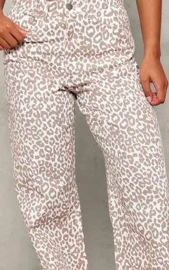 Beige Leopard Print Wide Leg Jeans