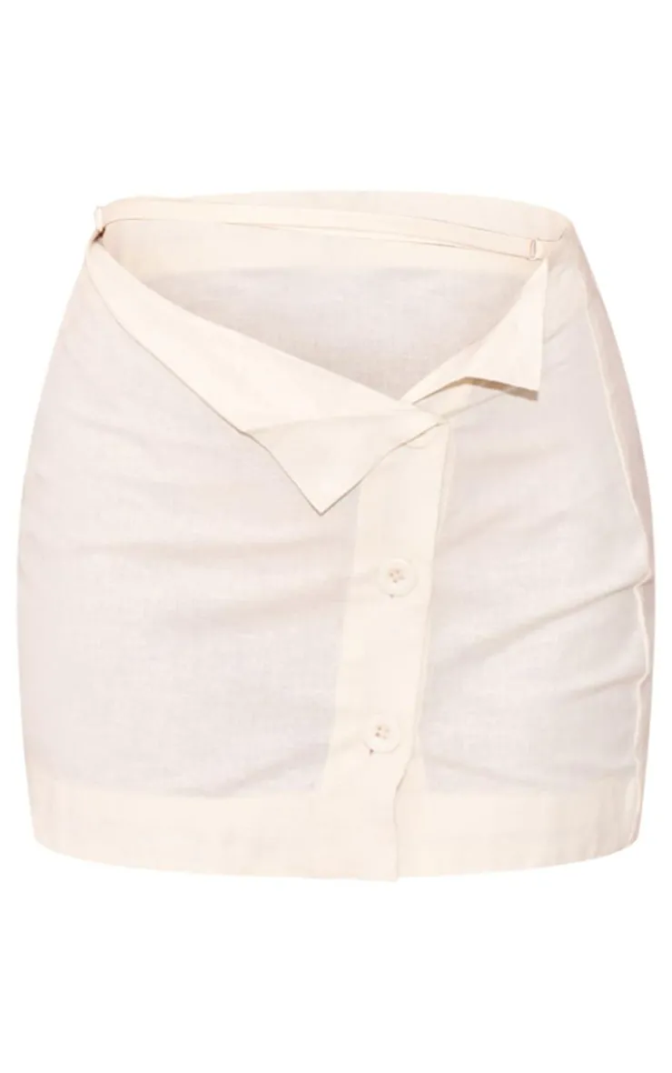Outlet PrettyLittleThing Linen Look Folded Waist Button Detail Mini Skirt Beige