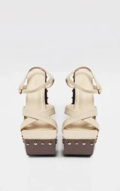 PrettyLittleThing Platform Sandals*Beige Linen Look Square Toe Studded Trim Platform Sandals