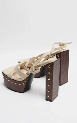PrettyLittleThing Platform Sandals*Beige Linen Look Square Toe Studded Trim Platform Sandals