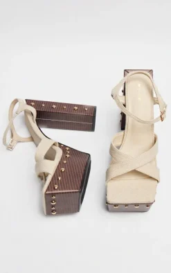 PrettyLittleThing Platform Sandals*Beige Linen Look Square Toe Studded Trim Platform Sandals