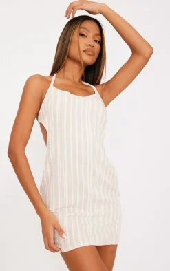 Linen Look Stripe Cut Out Back Tie Shift Dress-PrettyLittleThing New