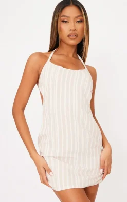 Linen Look Stripe Cut Out Back Tie Shift Dress-PrettyLittleThing New