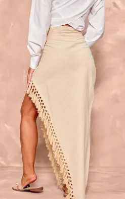 Beige Linen Look Tassel Hem Thigh Split Maxi Skirt