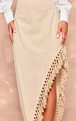 Beige Linen Look Tassel Hem Thigh Split Maxi Skirt
