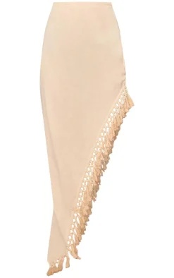 Beige Linen Look Tassel Hem Thigh Split Maxi Skirt