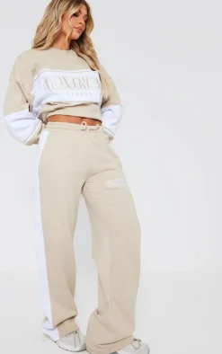 Online PrettyLittleThing Montreal Embroidered Panelled Wide Leg Sweatpants Beige