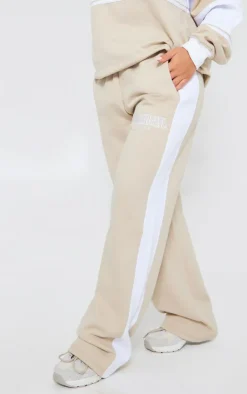 Online PrettyLittleThing Montreal Embroidered Panelled Wide Leg Sweatpants Beige