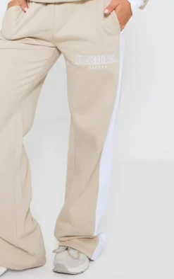 Online PrettyLittleThing Montreal Embroidered Panelled Wide Leg Sweatpants Beige