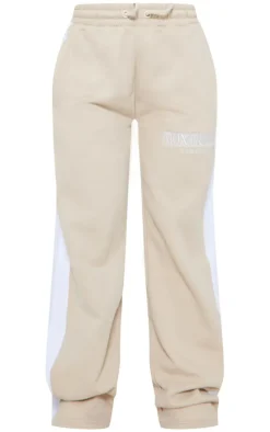 Online PrettyLittleThing Montreal Embroidered Panelled Wide Leg Sweatpants Beige
