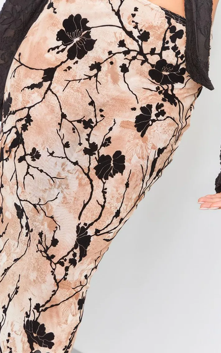 Beige Ombre Print Devore Mesh Maxi Skirt