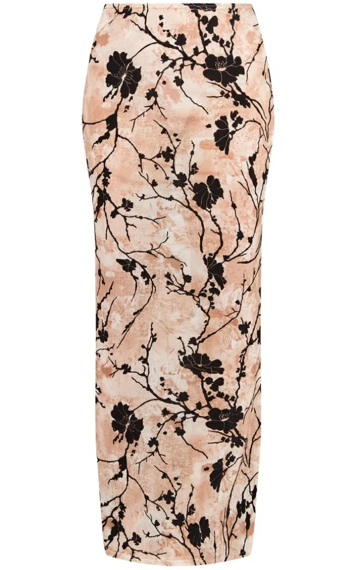 Beige Ombre Print Devore Mesh Maxi Skirt
