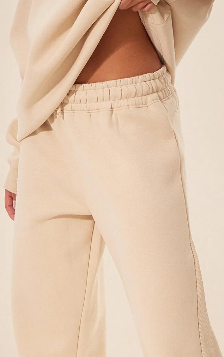 Best PrettyLittleThing Panelled Rib Detail Wide Leg Sweatpants Beige