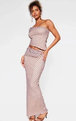 Discount PrettyLittleThing Pinstripe Chiffon Low Rise Maxi Skirt Beige