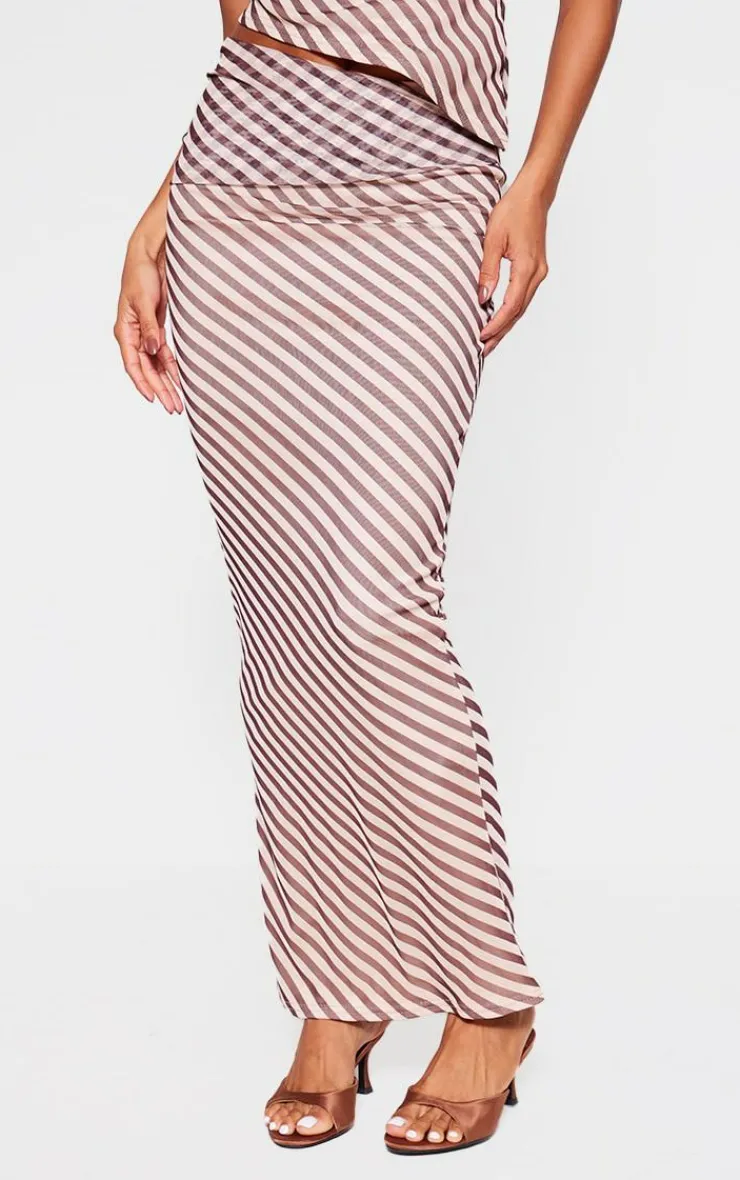 Discount PrettyLittleThing Pinstripe Chiffon Low Rise Maxi Skirt Beige