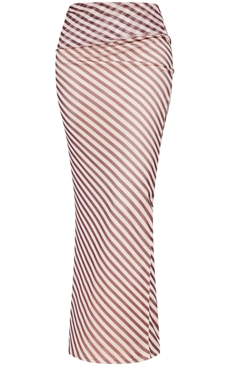 Discount PrettyLittleThing Pinstripe Chiffon Low Rise Maxi Skirt Beige