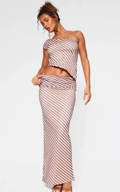 Best PrettyLittleThing Pinstripe Chiffon Ruched Asymmetric Long Top Beige