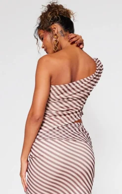 Best PrettyLittleThing Pinstripe Chiffon Ruched Asymmetric Long Top Beige