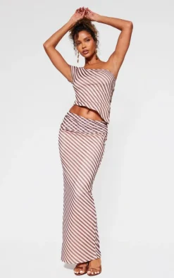 Best PrettyLittleThing Pinstripe Chiffon Ruched Asymmetric Long Top Beige