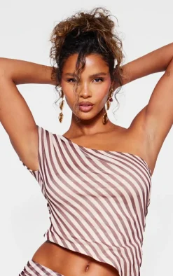 Best PrettyLittleThing Pinstripe Chiffon Ruched Asymmetric Long Top Beige