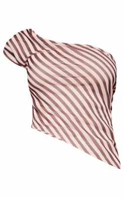 Best PrettyLittleThing Pinstripe Chiffon Ruched Asymmetric Long Top Beige