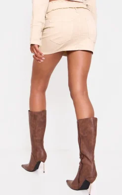 Online PrettyLittleThing Raw Hem Denim Mini Skirt Beige