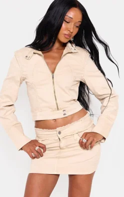 Online PrettyLittleThing Raw Hem Denim Mini Skirt Beige